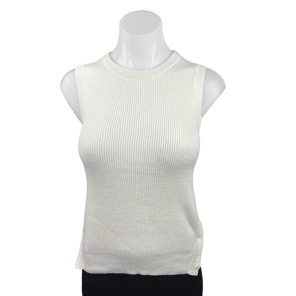 Equipment Femme White Ribbed Knit Sleeveless Crew Neck Sweater Tank Top Size XS
